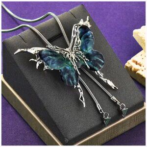 Butterfly Lariat Necklace Choker Blue Wings Silver Plated Pendant Nature Jewelry